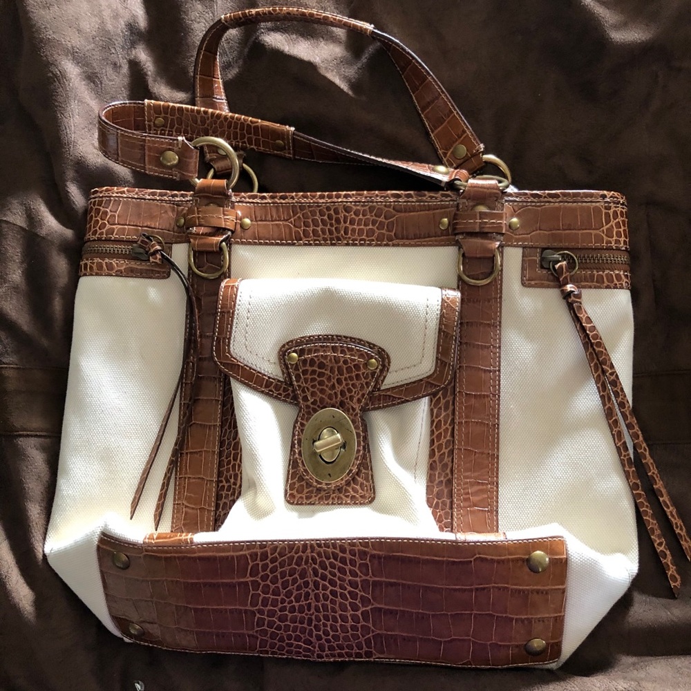 Coach Purse with leather and cream fabric